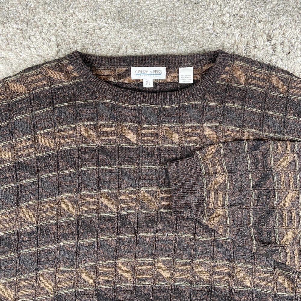 Vintage Joseph & Feiss Sweater Mens XXL Brown Geometric Knit Coogi Style Retro‎